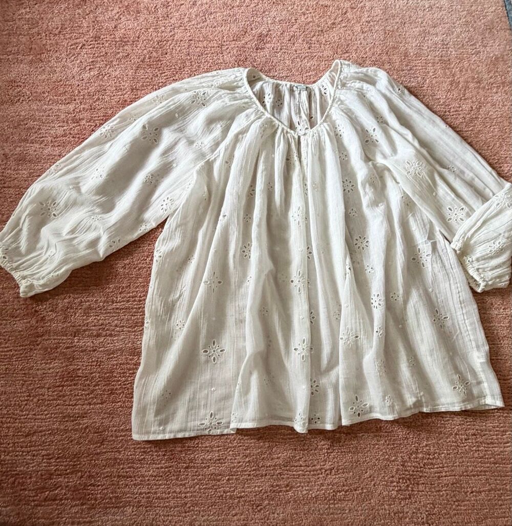 Aerie Cream 100% Cotton Eyelet Embroidered Tunic Blouse XL Puff Sleeves